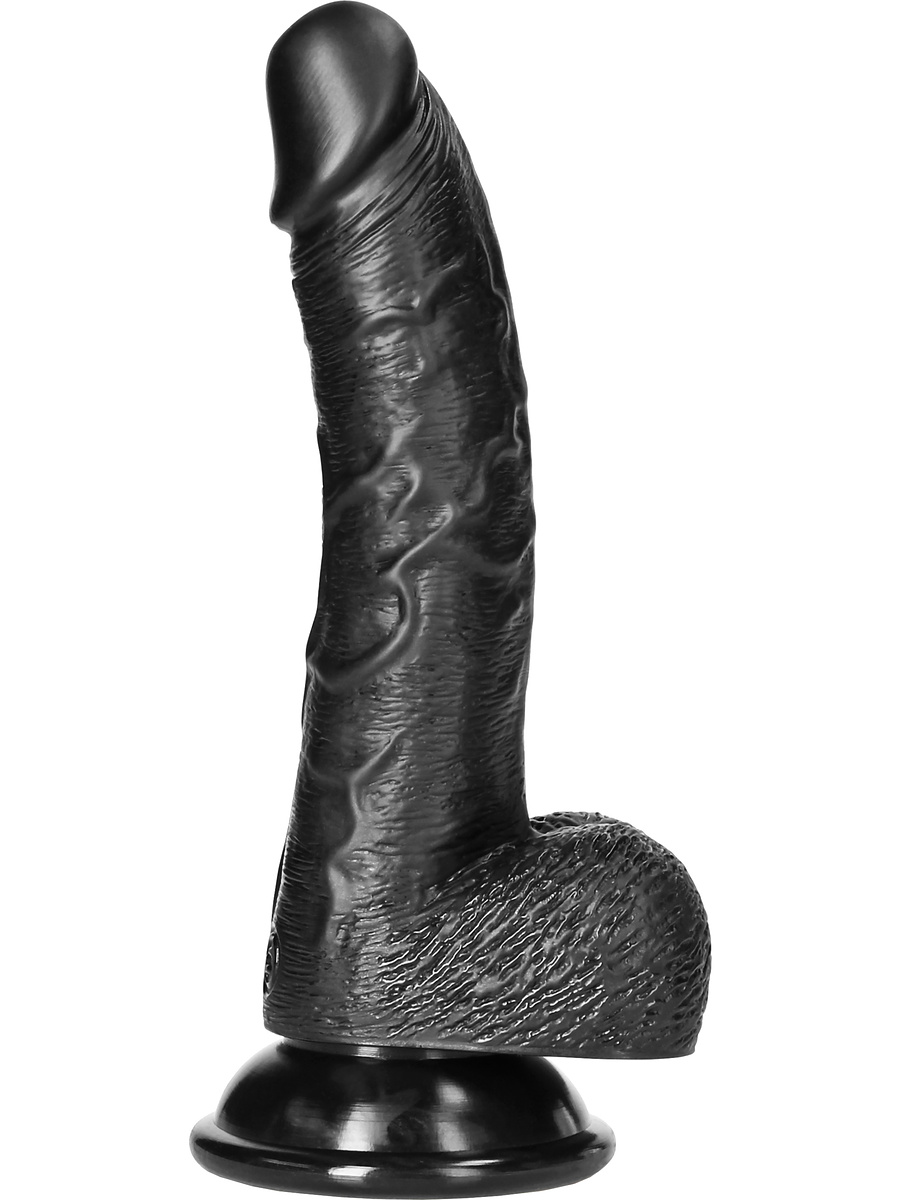 RealRock: Curved Realistic Dildo with Balls, 18 cm, svart