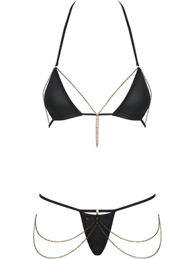Obsessive: Redella, Bra, Thong & Chain Set, svart