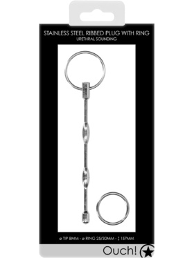 Ouch!: Urethral Sounding, Steel Ribbed Plug with Ring, 8 mm