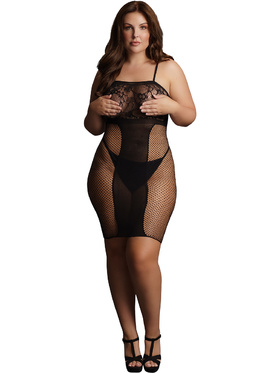 Le Désir: Knee-Length Lace and Fishnet Dress, One Size Plus