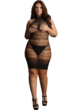 Le Désir: High Lace Neck Net Mini Dress, One Size Plus