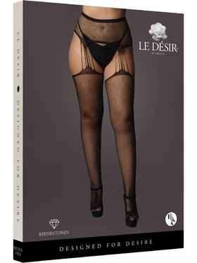 Le Désir: Suspender Rhinestone Pantyhose, svart, One Size Plus