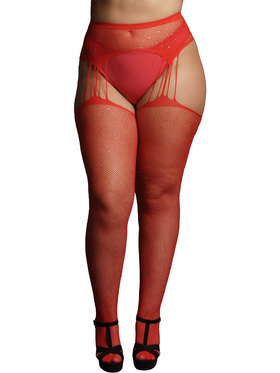 Le Désir: Suspender Rhinestone Pantyhose, röd, One Size Plus