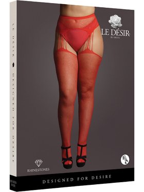 Le Désir: Suspender Rhinestone Pantyhose, röd, One Size Plus