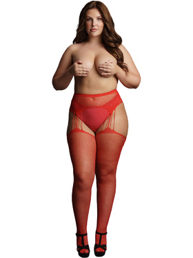 Le Désir: Suspender Rhinestone Pantyhose, röd, One Size Plus