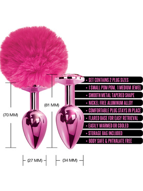 Global Novelties: Nixie Metal Butt Plug Set, Pom Pom & Jewel, rosa