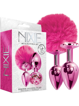 Global Novelties: Nixie Metal Butt Plug Set, Pom Pom & Jewel, rosa