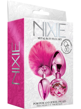 Global Novelties: Nixie Metal Butt Plug Set, Pom Pom & Jewel, rosa