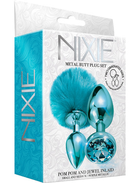 Global Novelties: Nixie Metal Butt Plug Set, Pom Pom & Jewel, blå