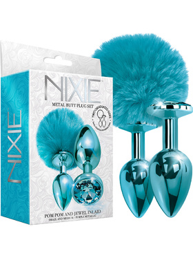 Global Novelties: Nixie Metal Butt Plug Set, Pom Pom & Jewel, blå