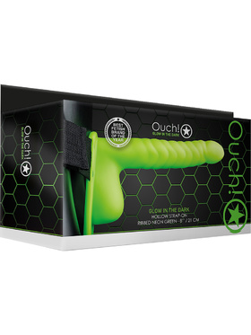 Ouch! Glow in the Dark: Ribbed Hollow Strap-On with Balls, 21 cm