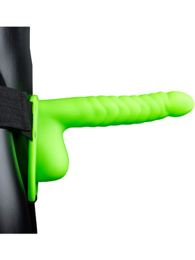 Ouch! Glow in the Dark: Ribbed Hollow Strap-On with Balls, 21 cm