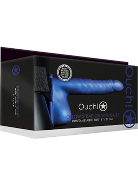 Ouch!: Ribbed Hollow Strap-On with Balls, 21 cm, blå