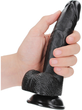 RealRock: Curved Realistic Dildo with Balls, 18 cm, svart